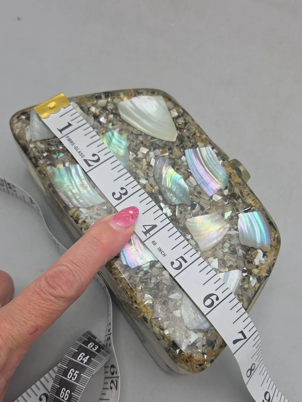Vintage mother-of-pearl and abalone shell mosaic acrylic/lucite evening clutch